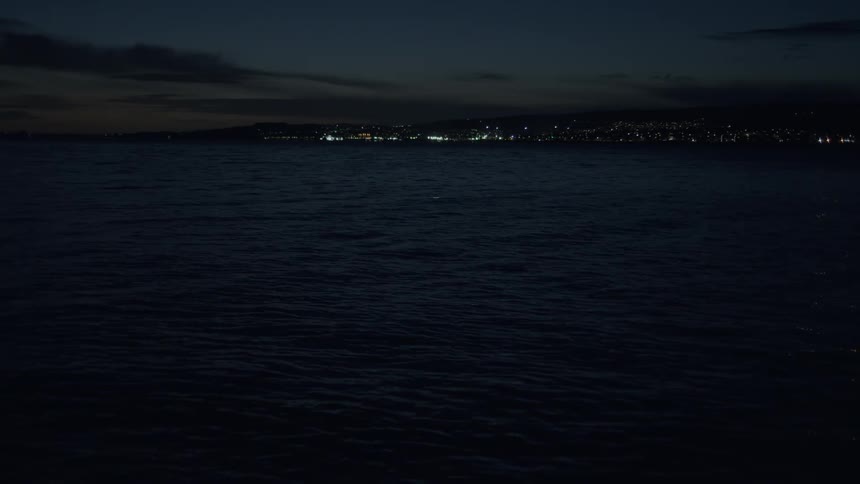 A serene view of gentle ocean waves at night with a distant city skyline glowing on the horizon