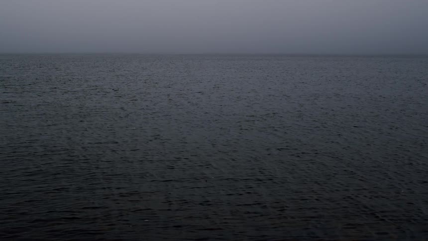 Calm, dark water ripples gently as it disappears into the thick, gray fog on the horizon