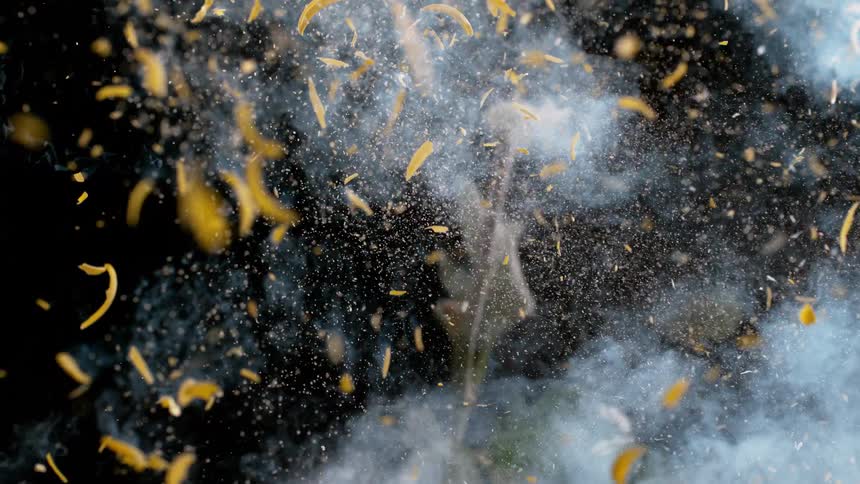 A vibrant yellow chrysanthemum flower, frozen solid, shatters dramatically in an explosion of petals and particles captured in super slow motion