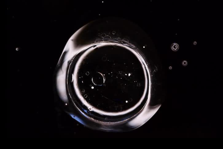 A microscopic view of a clear bubble with particles slowly moving inside on a black background