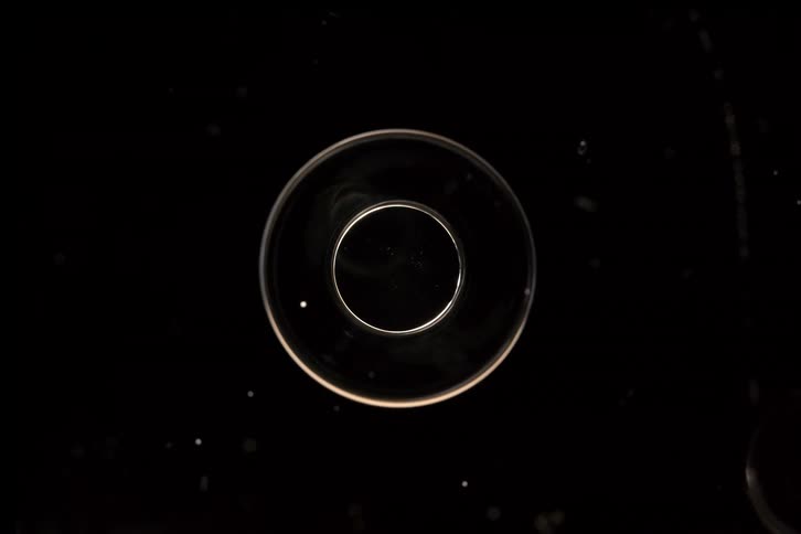 An abstract macro shot shows a clear bubble slowly rippling and shrinking against a black background