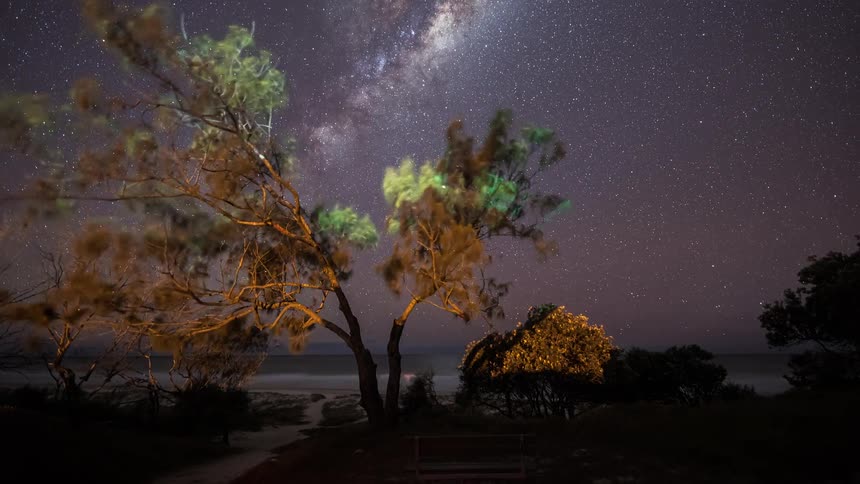 A stunning timelapse of the Milky Way galaxy moving across the night sky above a tranquil beach with trees and a park bench in the foreground