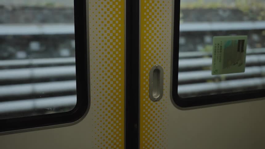 A close-up view of a yellow patterned train door as the tracks and scenery blur past outside the window