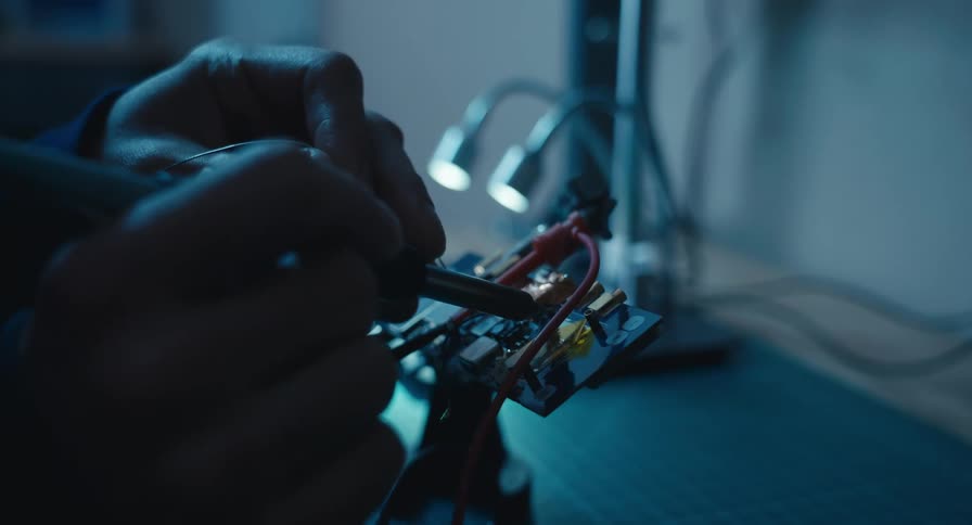 Close up of an engineer's hands carefully soldering a complex circuit board under the cool light of a desk lamp