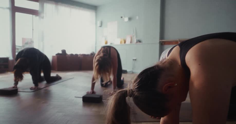 A diverse group of women mindfully practice cat-cow yoga poses together in a sunlit studio in slow motion