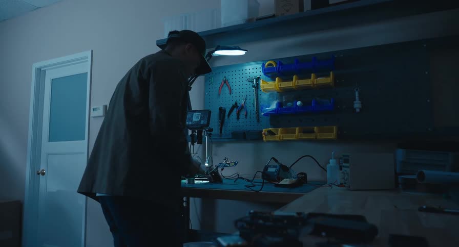 A skilled technician wearing a cap meticulously works with a soldering iron on an electronic device in his workshop