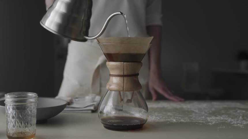 Hot water is poured into a coffee filter
