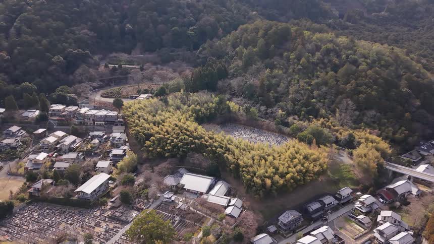 Slowly pulling back aerial shot over the Adashino Nenbutsuji Temple and cemetery nestled within a bamboo forest in a rural Japanese town