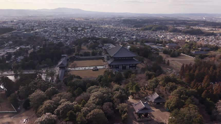A static high aerial view of the historic Tōdai-ji Temple in Nara, Japan, surrounded by a park with the sprawling city in the background