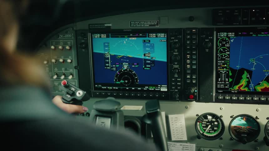 An over-the-shoulder view shows a pilot monitoring the digital navigation and flight instruments in the cockpit of a small aircraft