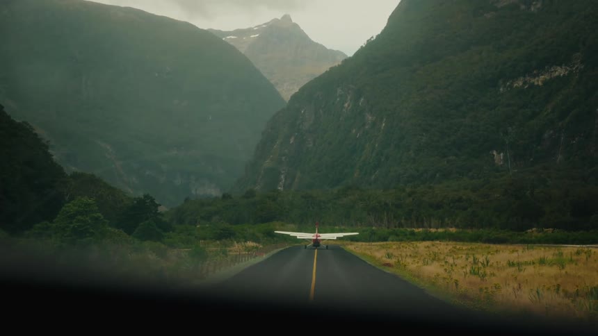 View from a car of a small plane with its propeller spinning on a remote runway in a lush, foggy mountain valley