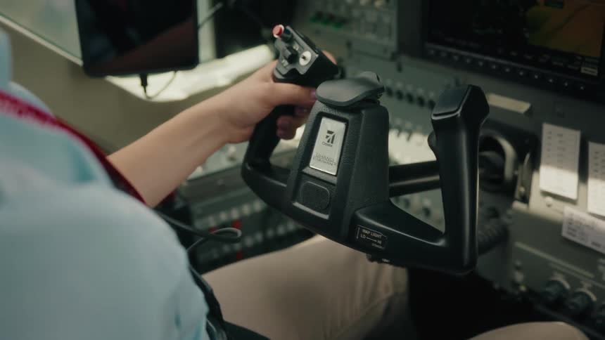 A pilot's hand rests on the control yoke inside the cockpit of a small airplane