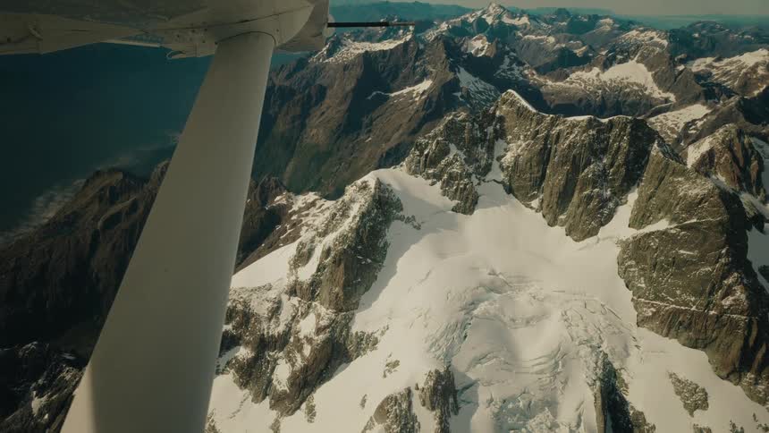An aerial view from an airplane window reveals a vast, rugged mountain range covered in snow and glaciers on a sunny day