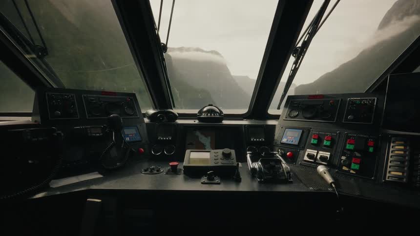 View from the helm of a boat sailing through a misty mountain fjord on a cloudy day