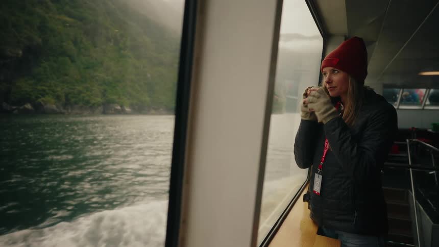 A woman in a red beanie sips a warm beverage while looking out the window of a tour boat at the misty mountain fjords