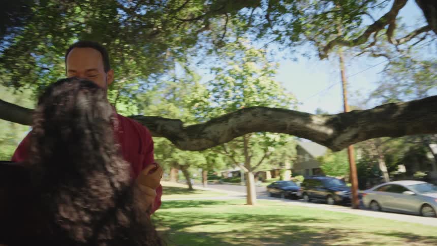 A loving couple playfully dances and laughs together in slow motion under a large tree in a sunny park