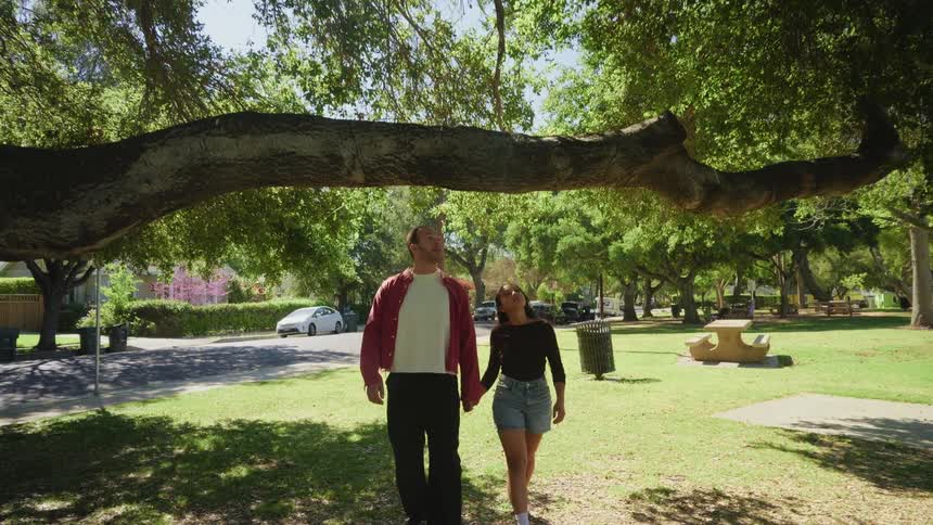 A happy young couple walks hand-in-hand through a beautiful park on a sunny day, admiring the large trees