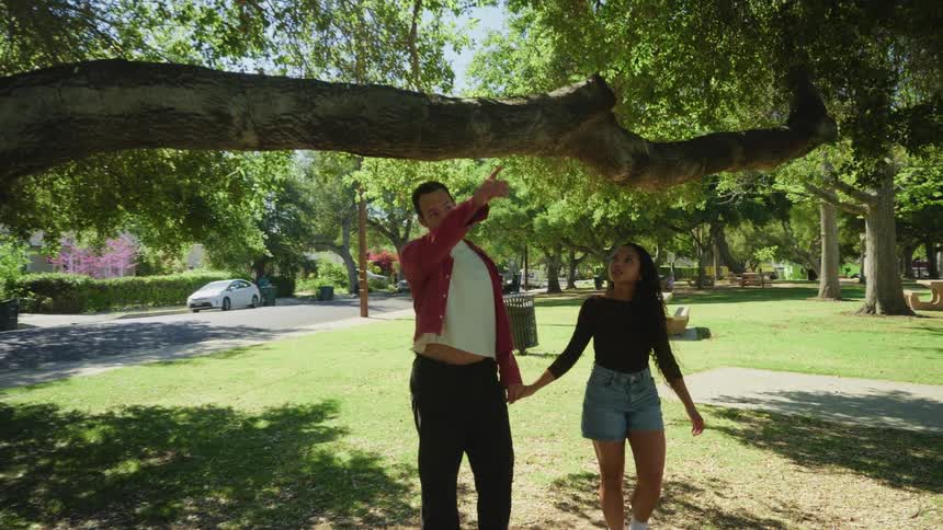 A loving couple holds hands and walks through a lush green park on a bright sunny day