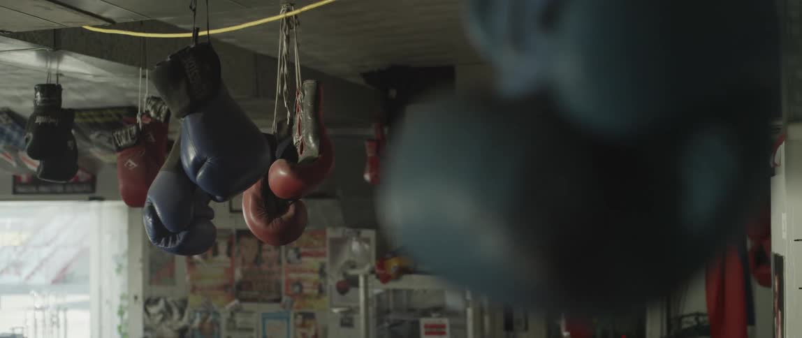 Boxing gloves hanging from the ceiling