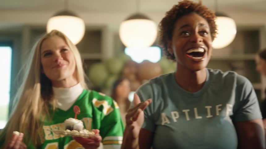 A slow-motion pan shows a diverse group of friends reacting with shock and excitement while watching a football game at a party