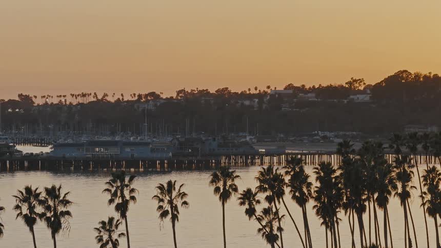A stunning aerial view of the Santa Barbara harbor and pier at sunset, with a row of silhouetted palm trees in the foreground