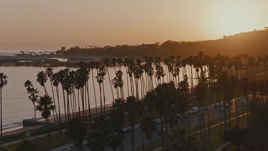 A stunning aerial view of a picturesque coastal city at sunset, featuring a long line of palm trees along the oceanfront road and a pier in the distance