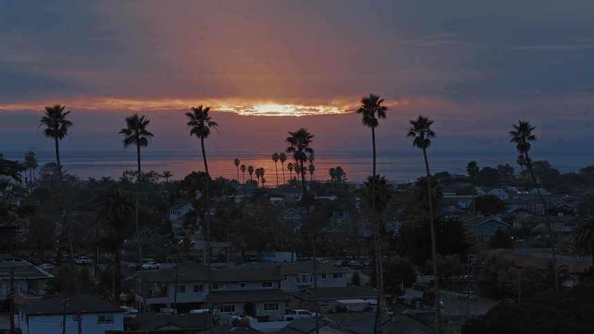 Palm trees are silhouetted against a gorgeous orange and purple sunset over the ocean in a coastal California town