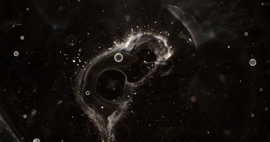 A mesmerizing abstract visual of a black hole pulsating in a dark void, sending ripples through a galaxy of white particles and bubbles