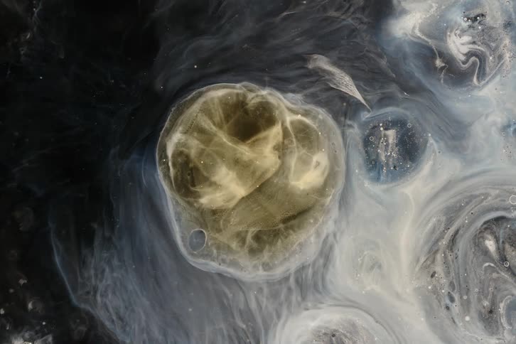 Ethereal abstract background of murky yellow, black, and white liquids swirling together to create a celestial, nebula-like pattern
