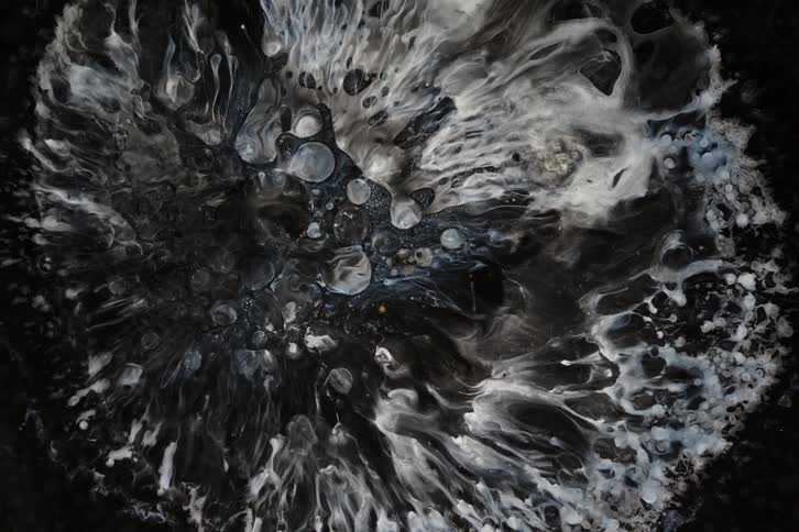A mesmerizing top-down macro view of a slow, abstract chemical reaction between black and white liquids, creating galactic patterns and cell-like bubbles