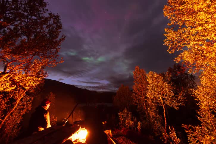 A stunning time-lapse captures the vibrant Northern Lights dancing in the night sky above people enjoying a warm campfire in an autumn forest