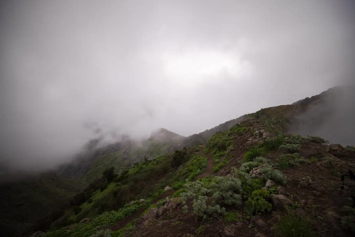 Hikers traverse a narrow trail on a lush green mountain ridge as dense fog and clouds swirl around them