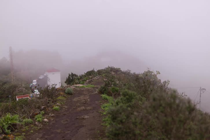A rack focus shot moves from a close-up on a prickly pear cactus to reveal a stunning foggy mountain village in the background