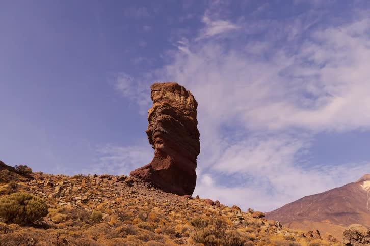 A cinematic time-lapse zooms out from the famous Roque Cinchado to reveal the vast volcanic landscape of Teide National Park