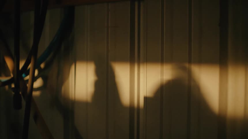 A mysterious shadow silhouette of a person wearing a hat is cast on a corrugated metal wall by warm sunlight