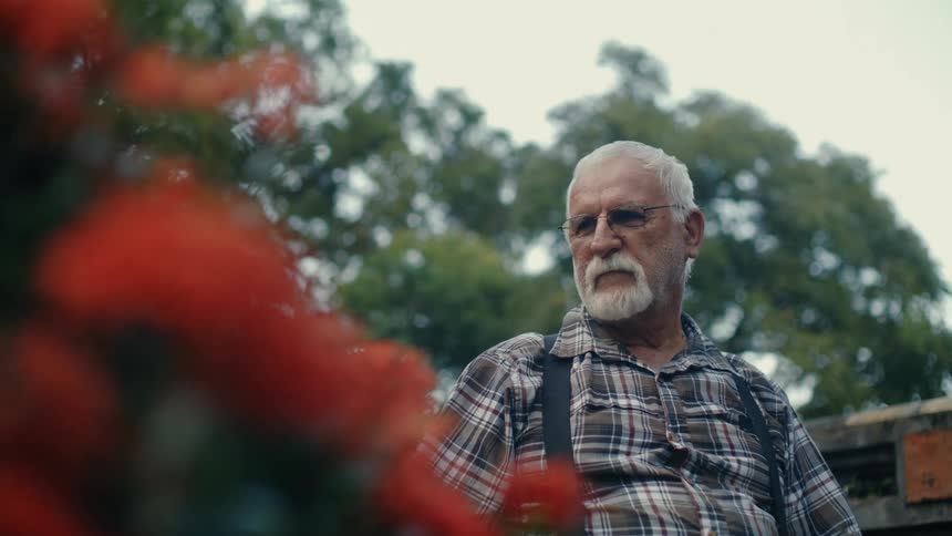 A pensive elderly man with a white beard sits alone outdoors, framed by red flowers and green trees