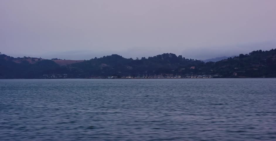 A serene view from the water of a distant coastal town and marina nestled in rolling hills on a cloudy day