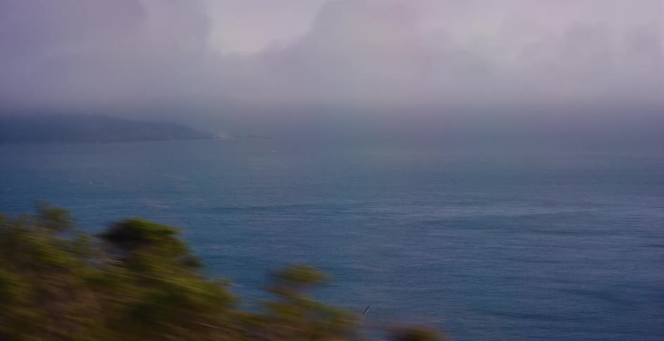 A scenic, moody drive along the coast reveals a vast, foggy ocean with a lone paddleboarder