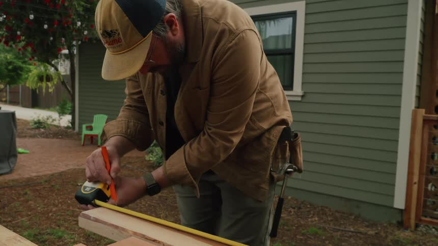 A carpenter carefully measures and marks a wooden plank with a tape measure and pencil in a backyard
