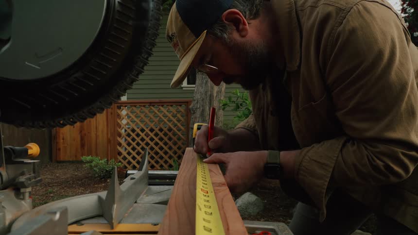 A focused craftsman carefully measures a wooden board with a tape measure and marks it with a pencil for a precise cut