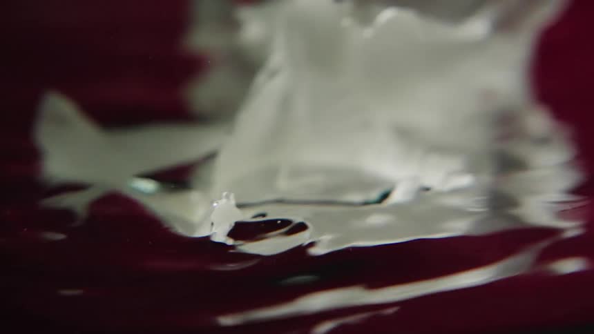 An artistic close-up from below the surface shows a white flower being lifted out of dark red water in slow motion, creating ripples