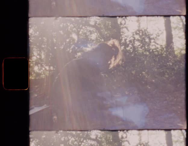 Authentic super 8 film captures a woman smiling while kneeling in a sunlit forest with beautiful light leaks