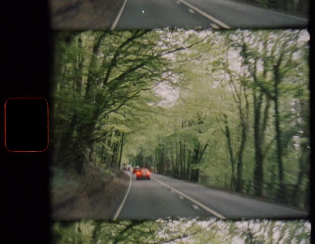 Vintage 8mm film captures a dreamy point-of-view drive along a winding road through a lush green forest