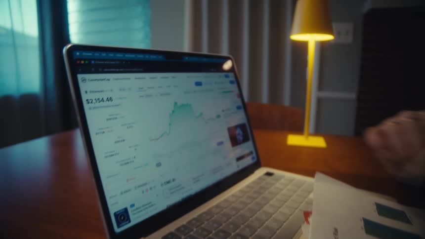 A couple sits at a table analyzing their financial portfolio using paper charts, a calculator, and a laptop displaying cryptocurrency market data