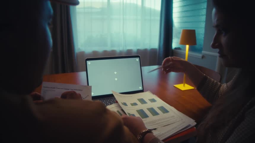 Over the shoulder shot of two business colleagues in a dimly lit office discussing financial reports and pointing at a laptop with a tracking screen