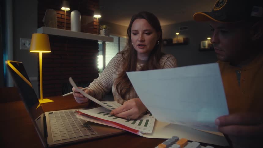 A concerned couple sits at a table late at night, seriously reviewing financial charts and documents with a laptop