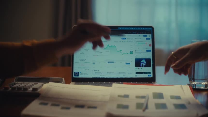 A close-up shot of two financial analysts discussing the volatility of an Ethereum cryptocurrency chart on a laptop screen
