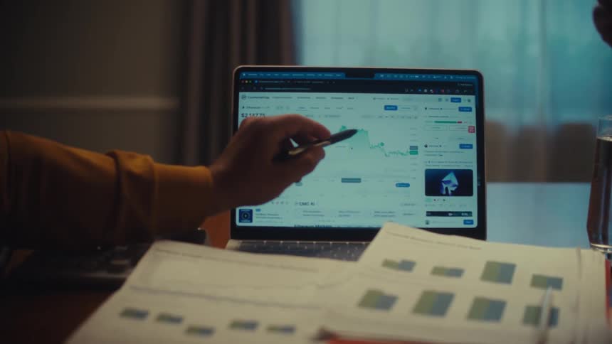 Close-up of two people sitting at a desk and analyzing cryptocurrency or stock market trends on a laptop screen