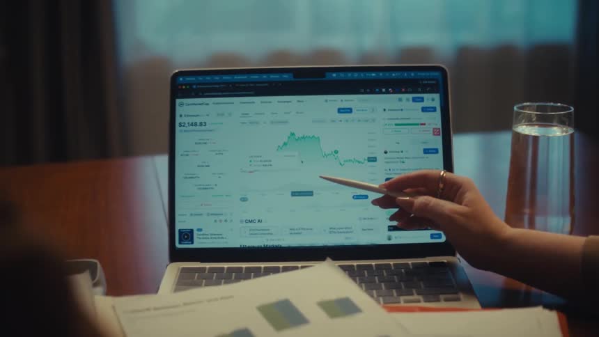 A woman points to a fluctuating cryptocurrency chart on a laptop screen while discussing financial data with a colleague in a dark room