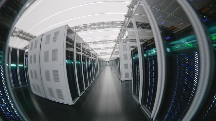A disorienting fisheye camera spins and flies through a modern, high-tech data center corridor